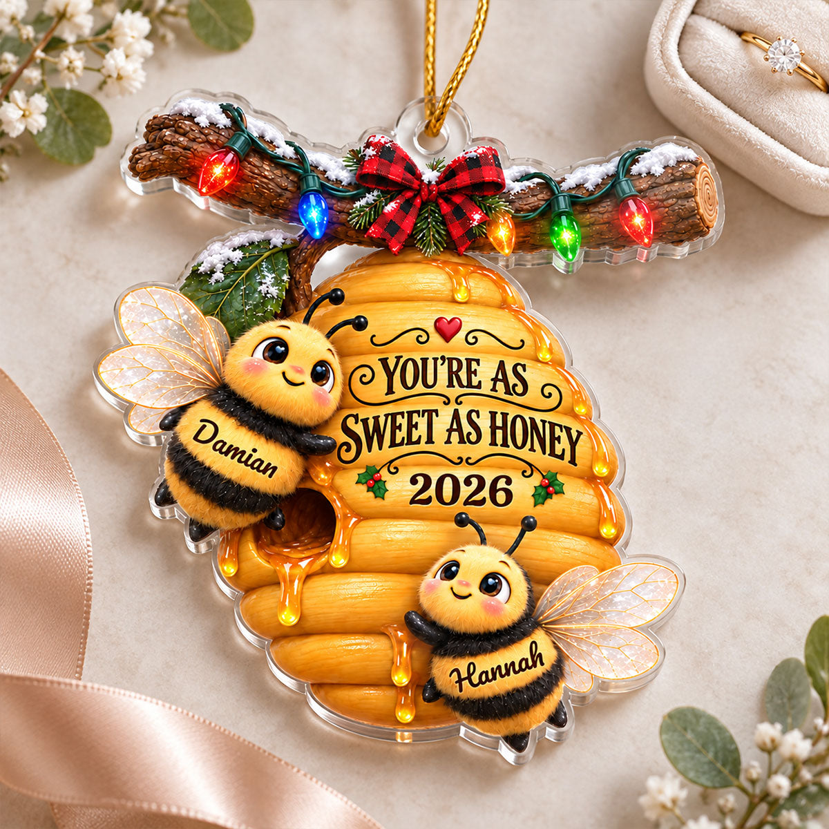 Couple Bees Hive 2D Flat - Personalized Acrylic Ornament - Christmas Gift For Couples, Gift For Her, Gift For Him