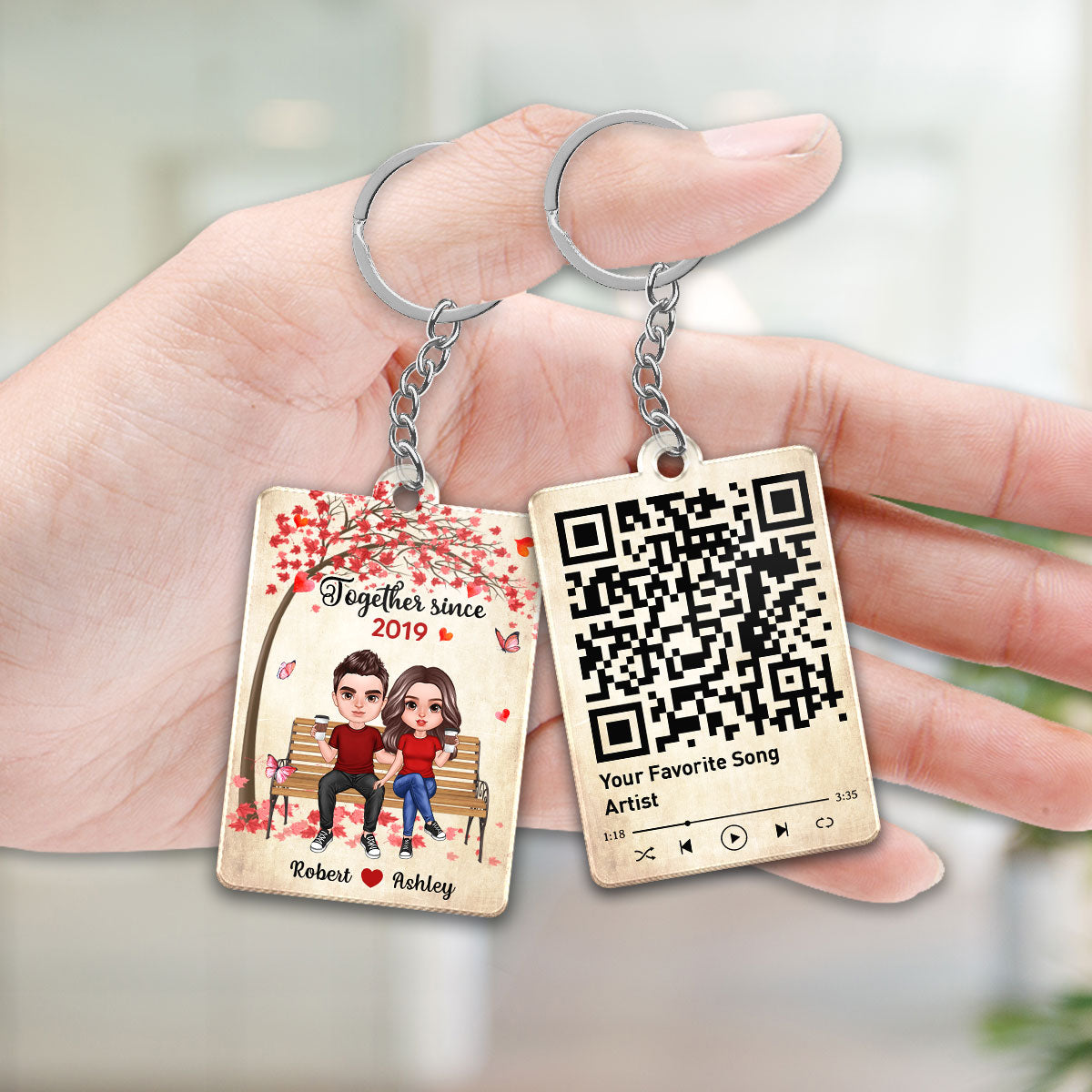 Realistic Doll Couple Under Tree Favorite Song Scannable QR Code Personalized Acrylic Keychain
