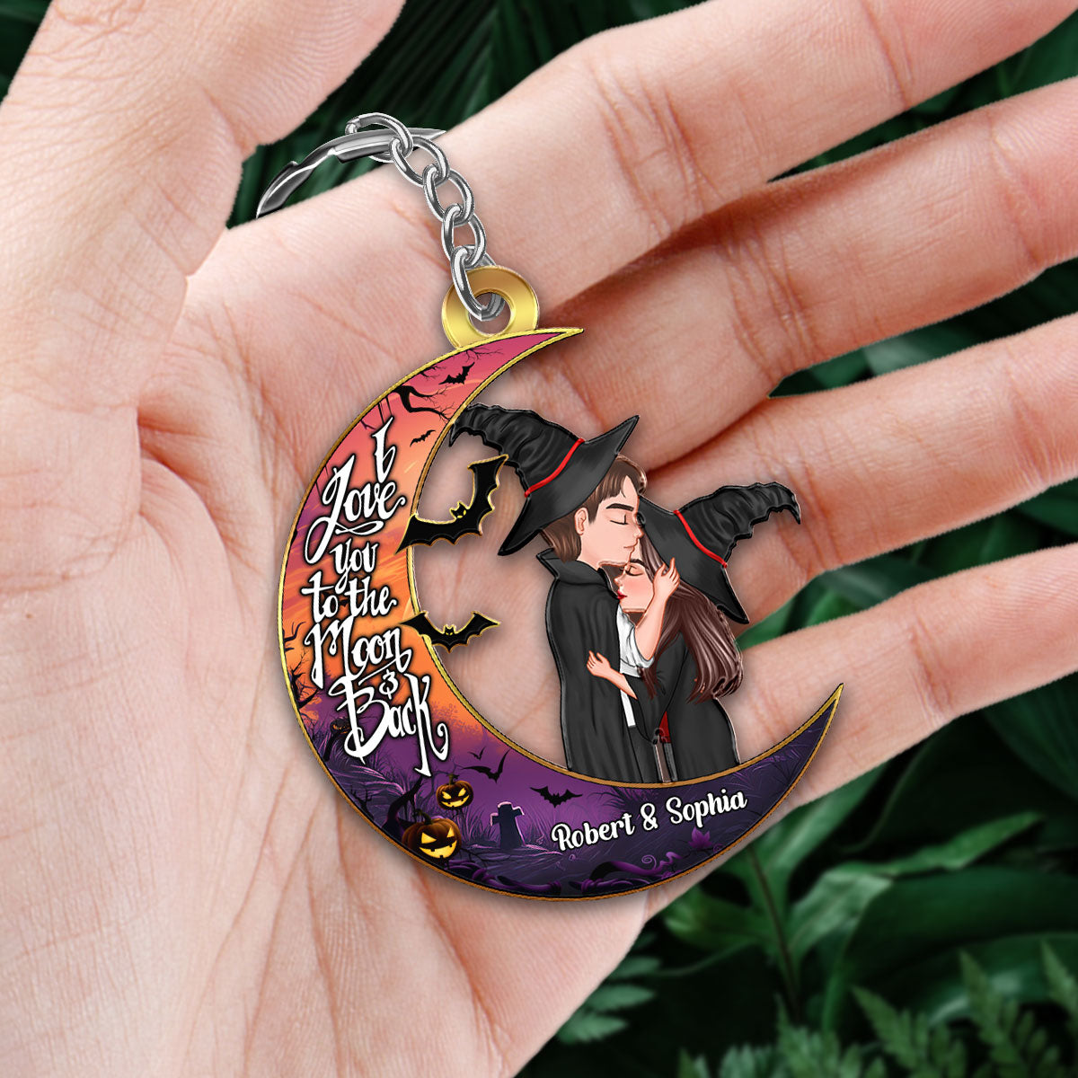 Halloween Couple Kissing On Moon Personalized Keychain