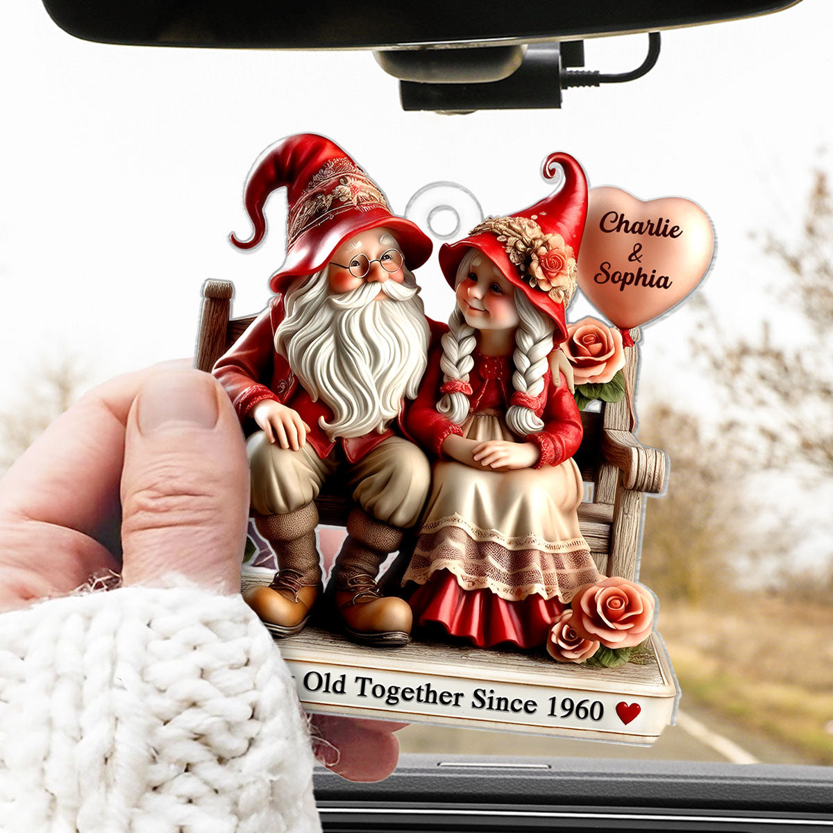 3D Effect Gnome Old Couple Sitting On Bench Personalized Car Hanger Ornament, Valenine's Day Gift For Couple, For Him, For Her, Husband, Wife