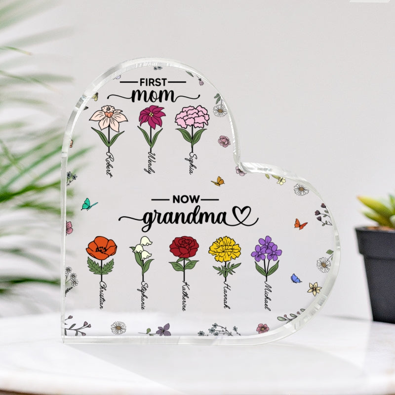 First Mom Now Grandma Birth Month Flower Personalized Acrylic Heart Plaque