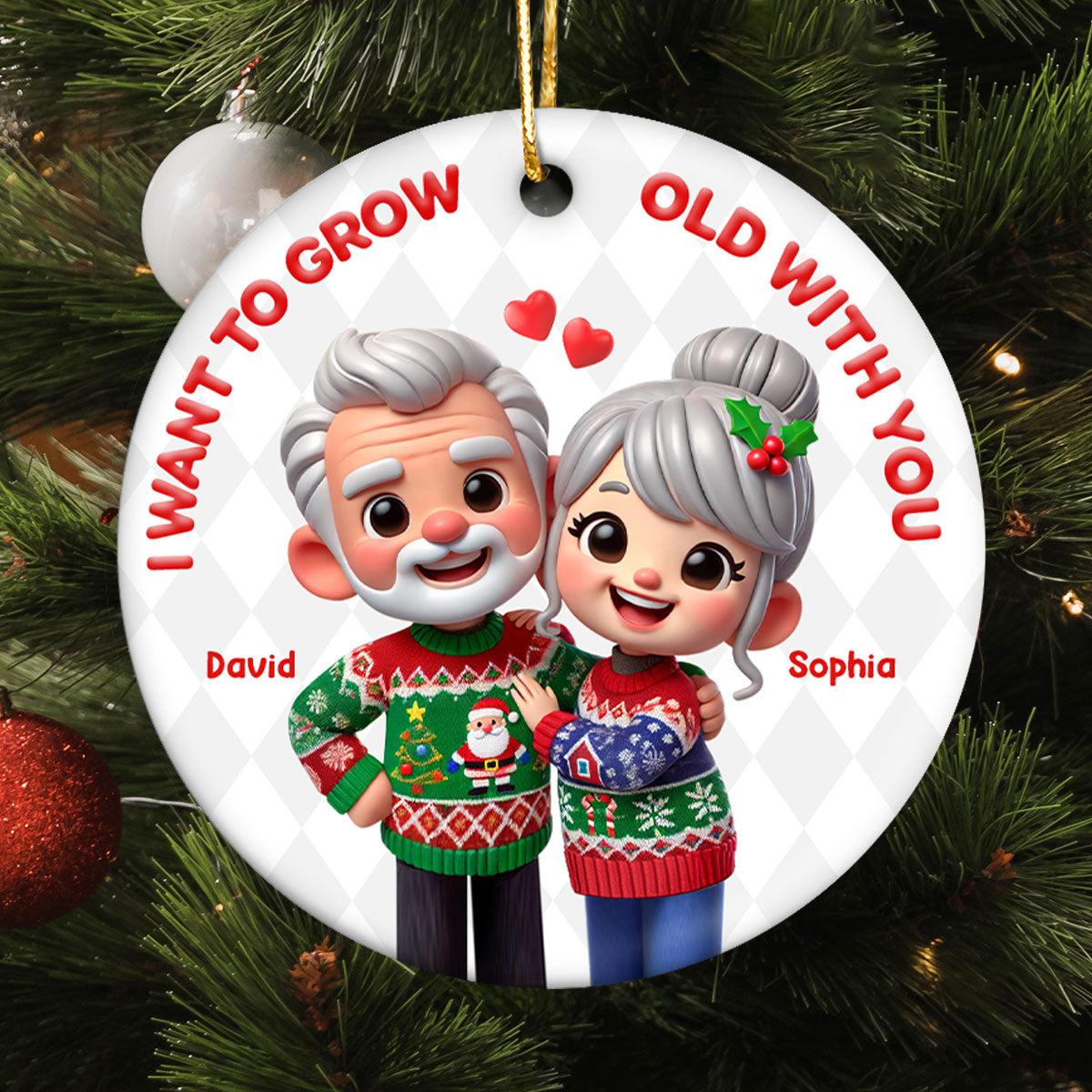 Funny Cartoon Couple I Want To Grow Old With You Christmas Personalized Ceramic Ornament
