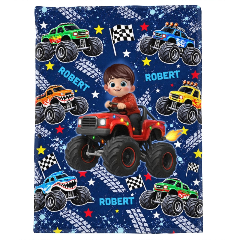 Kid Driving Monster Truck - Personalized Fleece Blanket - Gift For Kid Who Loves Monster Truck, Toddler Blanket for Boys