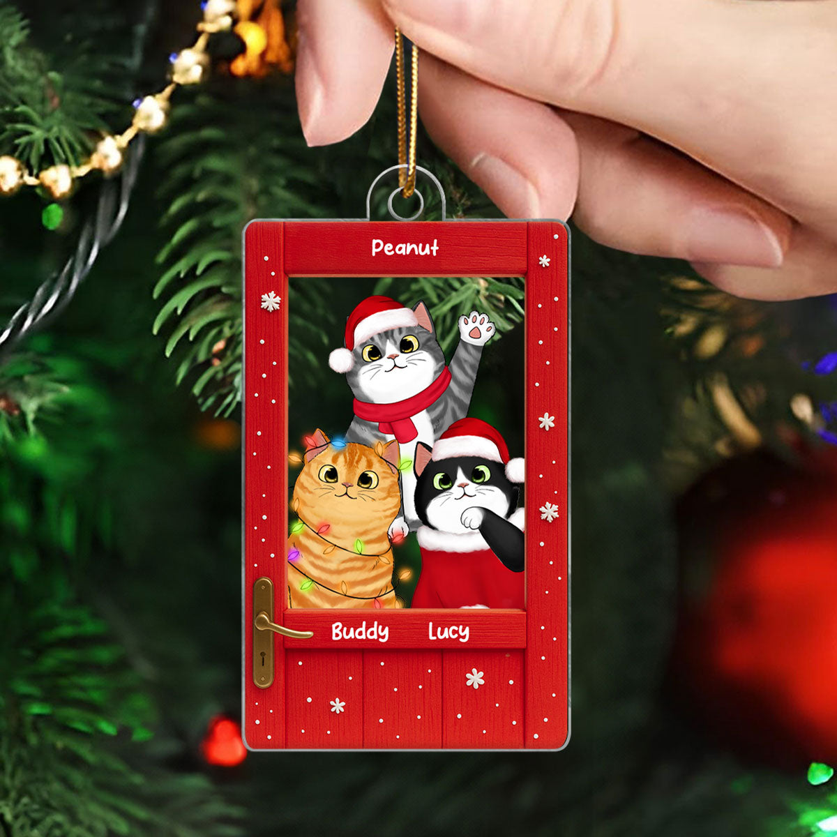 Cute Cats Peeking on the Front Door Personalized Acrylic Ornament, Christmas Gift for Cat Lovers