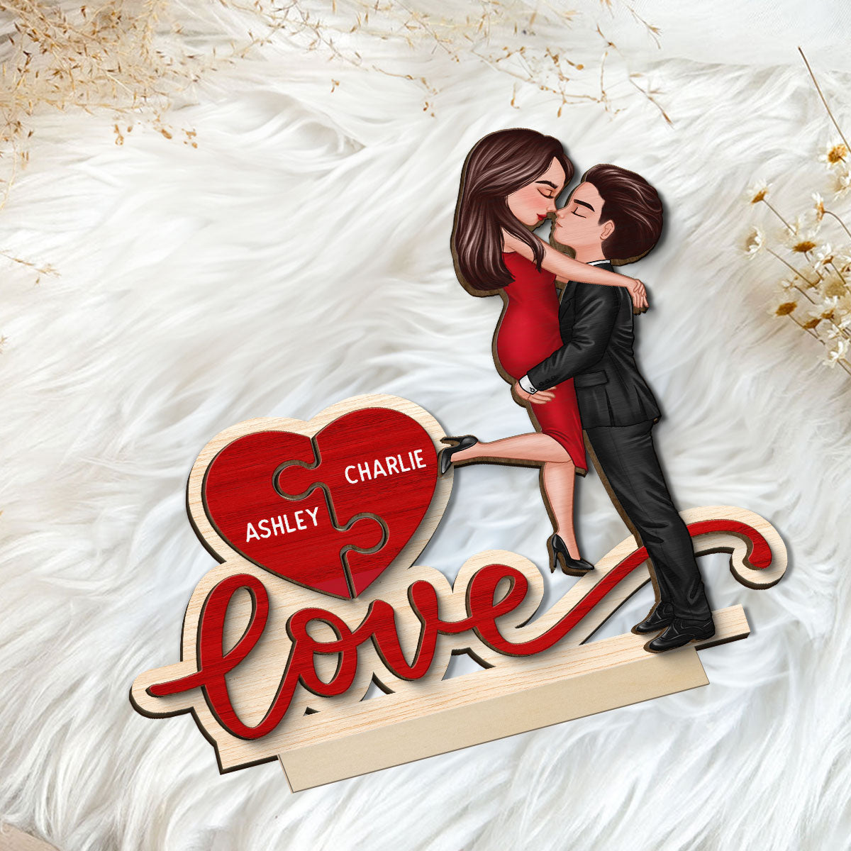 Couple Hugging Kissing Love Missing Piece Personalized 2-Layer Standing Wooden Plaque,  Gift For Him or Her
