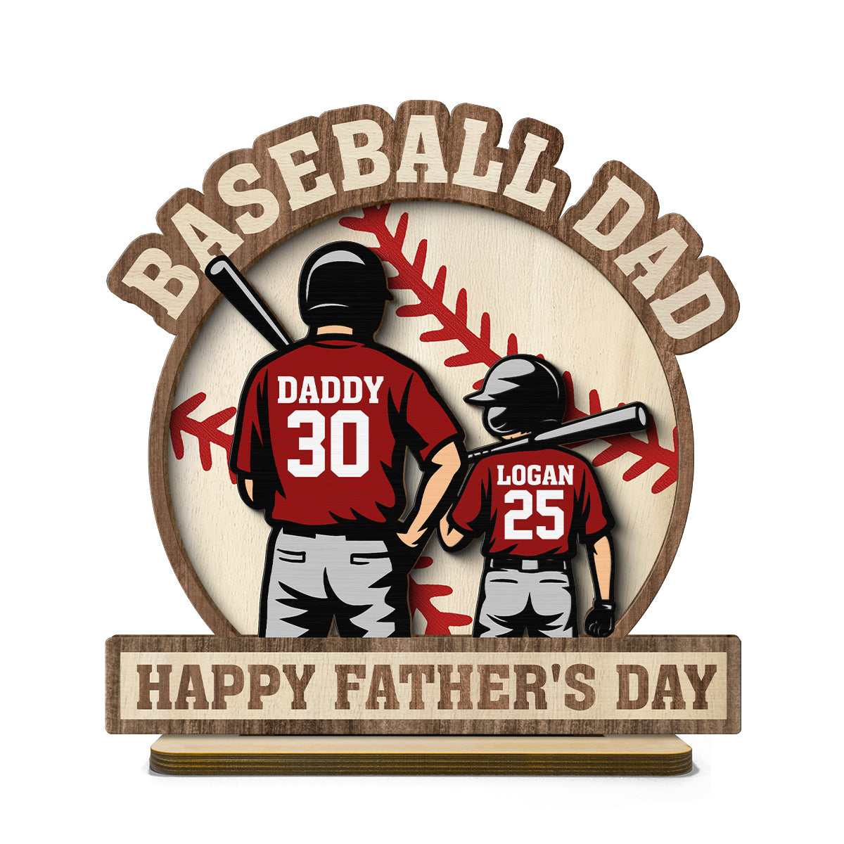 Baseball Family Back View Personalized 2-Layered Standing Wooden Plaque, Father's Day gift for Dad, for Husband