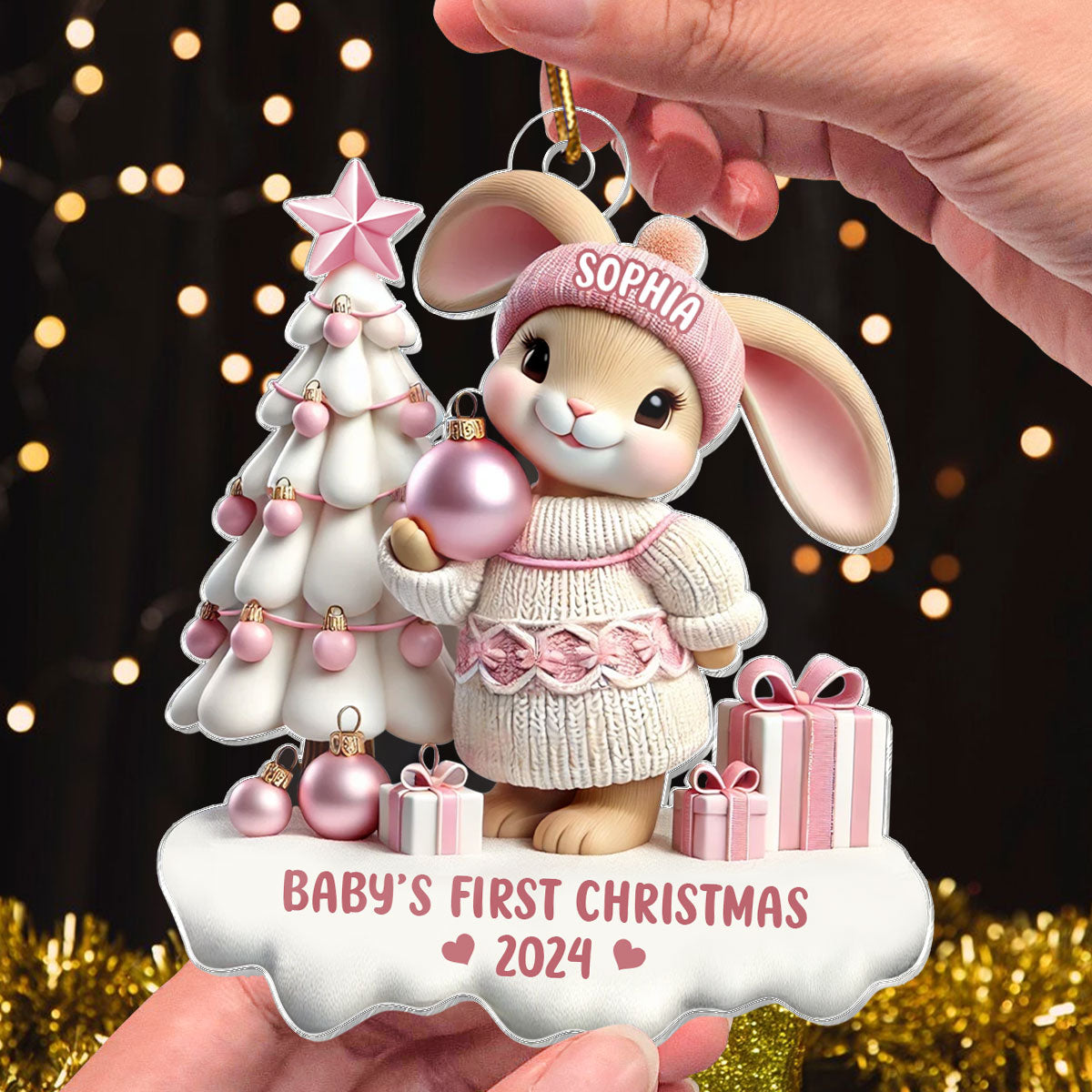3D Effect Cute Bunny Baby's First Christmas Personalized Acrylic Ornament, Christmas Gift For Newborns, New Grandparents