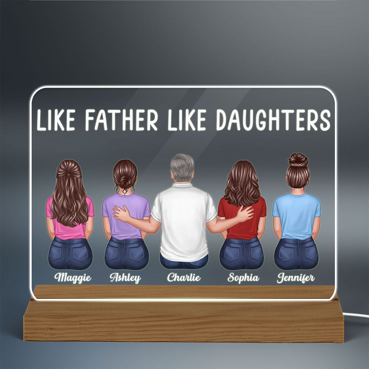 Like Father Like Daughter Son Back View Dad And Daughters Sons Sitting Personalized Custom Shape Acrylic Plaque Warm LED Night Light