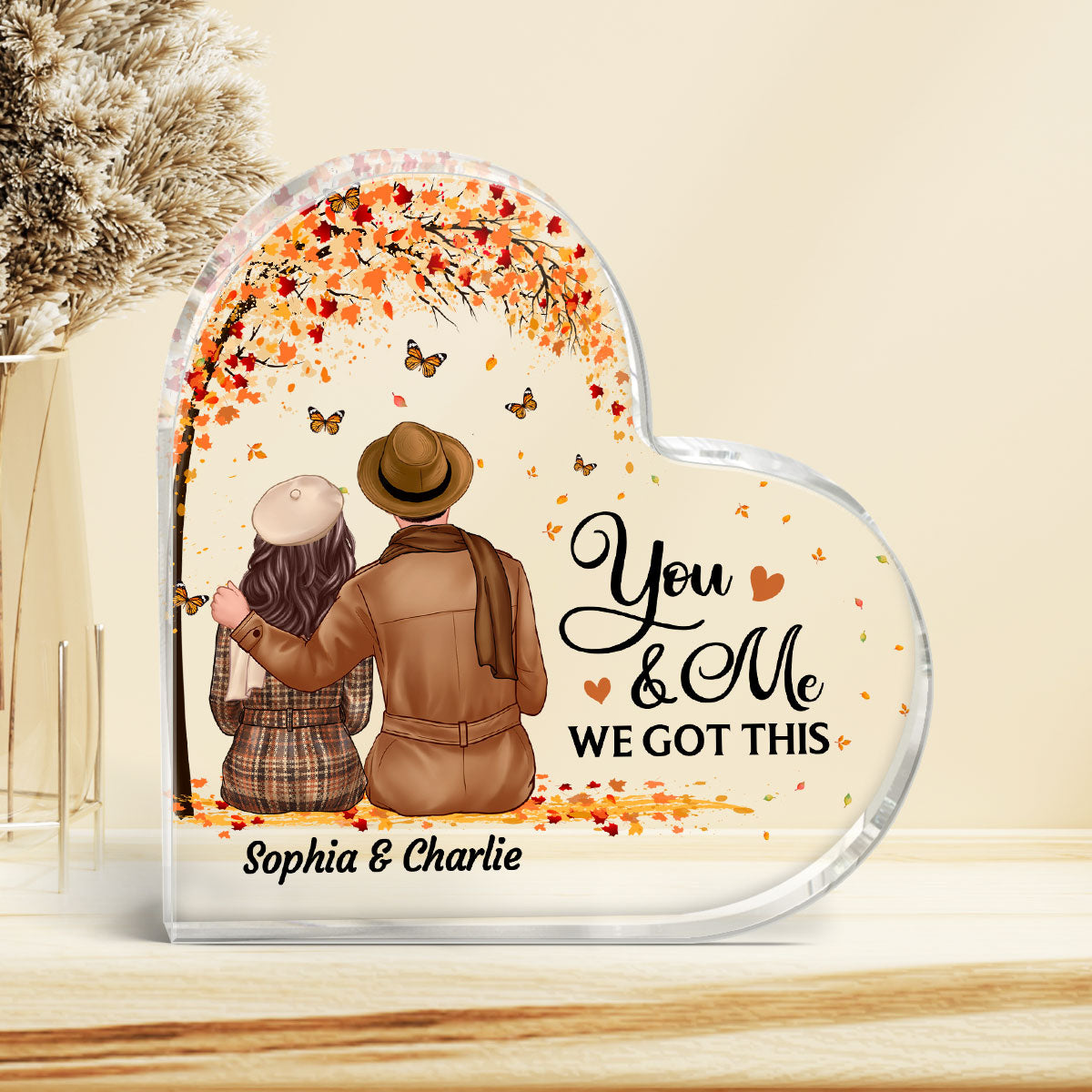 Embracing Fall Season Couple Sitting Under Tree Personalized Acrylic Heart Plaque
