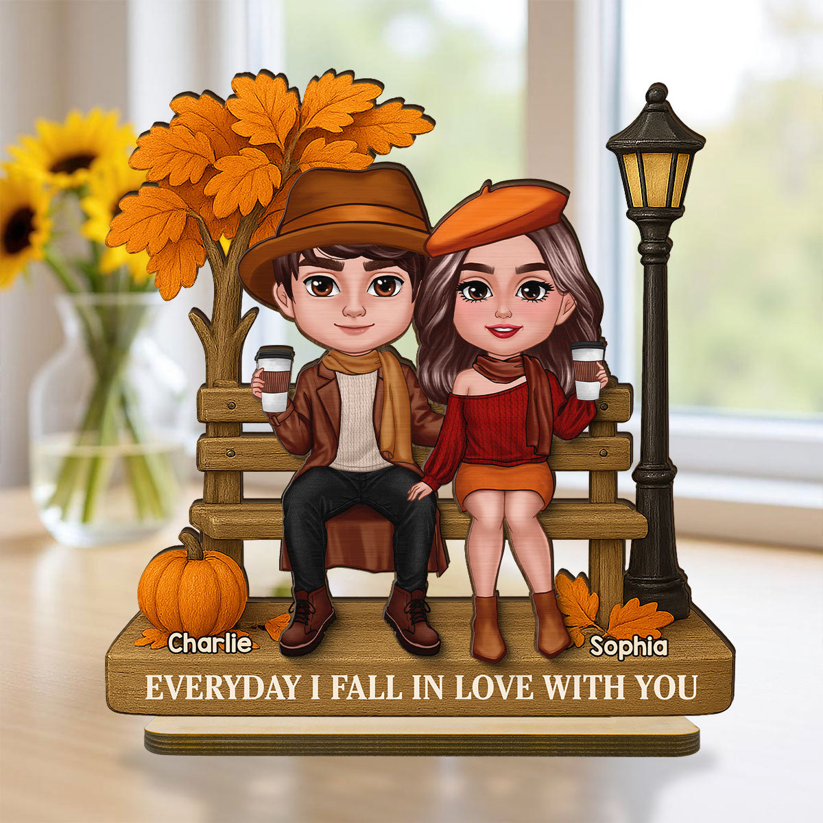 3D Effect Fall Season Couple Sitting On The Bench Personalized 2-Layer Standing Wooden Plaque