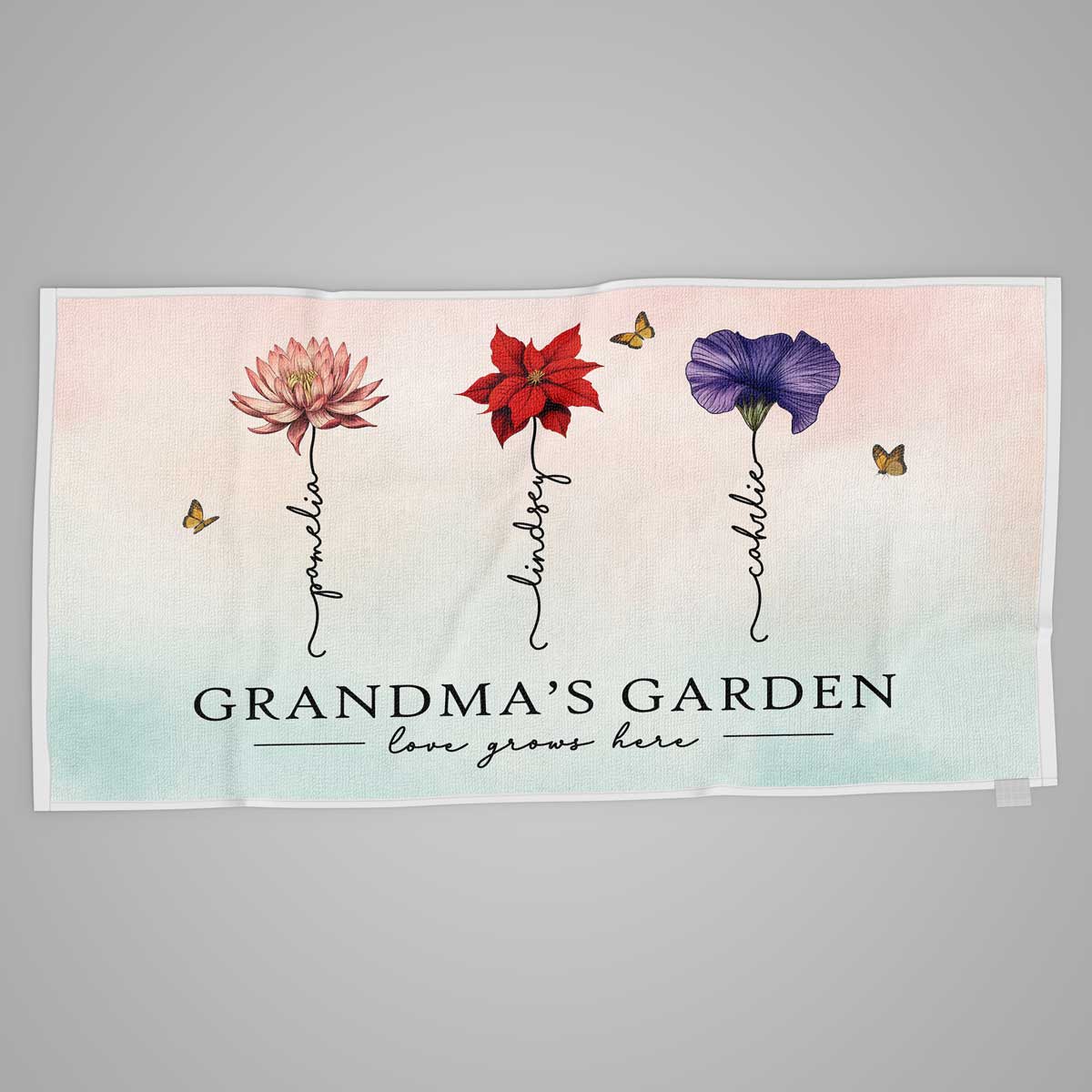 Grandma‘s Garden Love Grows Here Beautiful Birth Month Flower Gift For Grandma Mom Personalized Beach Towel