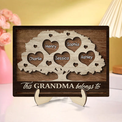 This Grandma Mom Belongs To Heart Tree Personalized 2-Layered Wooden Plaque, Heartfelt Mother's Day gift