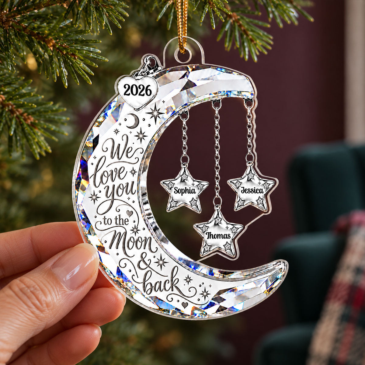 Moon & Stars Crystal Effect Grandkids Names 2D Flat - Personalized Acrylic Ornament - Christmas Gift For Grandma