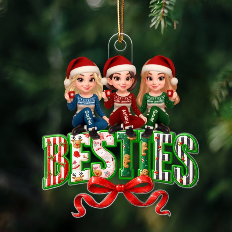 Besties Sisters Sitting on Text Personalized Acrylic Ornament, Christmas Gift for Best Friends, Sisters
