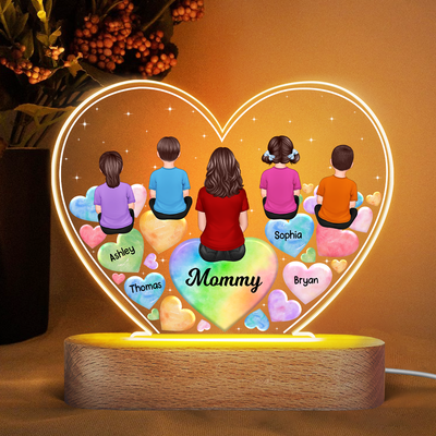 Grandma Mom And Kids Sitting Back View Hearts In Heart Personalized Acrylic Heart LED Night Light