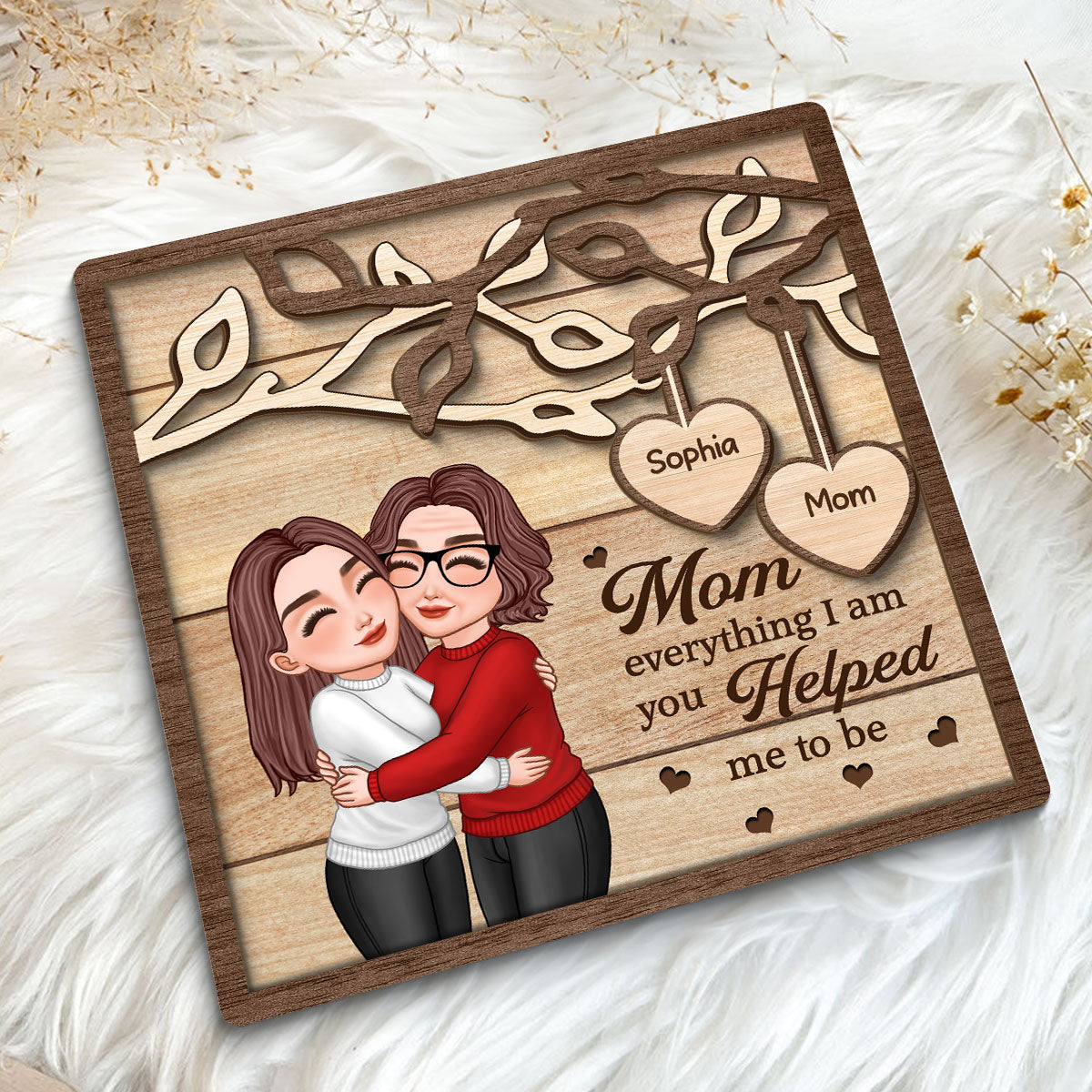 Mom Hugging Daughter Son Under Tree Mother‘s Day Gift For Mom Personalized 2-Layer Wooden Plaque