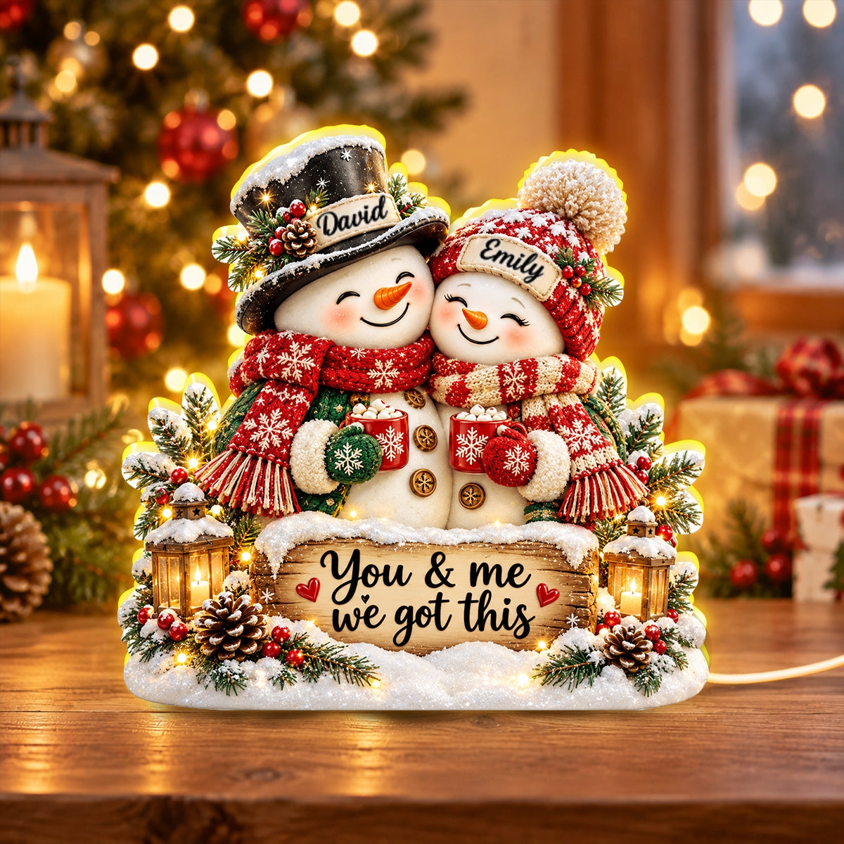 Snowman Couple Hugging - Personalized Light Box - Heartfelt Christmas Gift for Her, Gift for Him