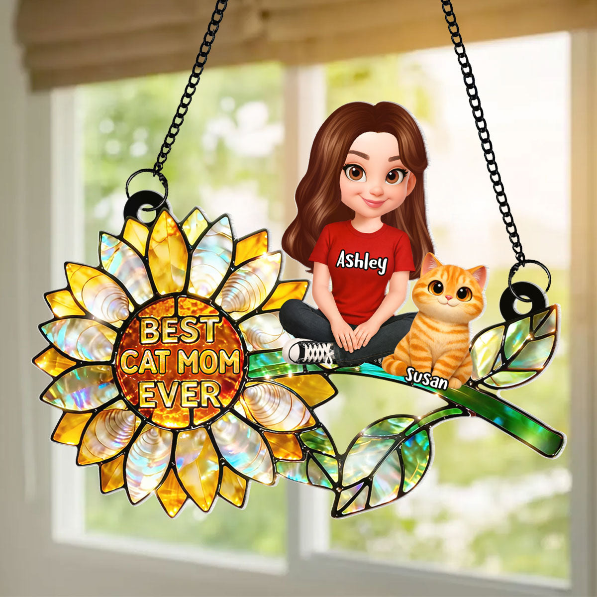 Sunflower Cat Mom and Cats Sitting - Personalized Window Hanging Suncatcher - Mother's Day Gift for Mom, Wife