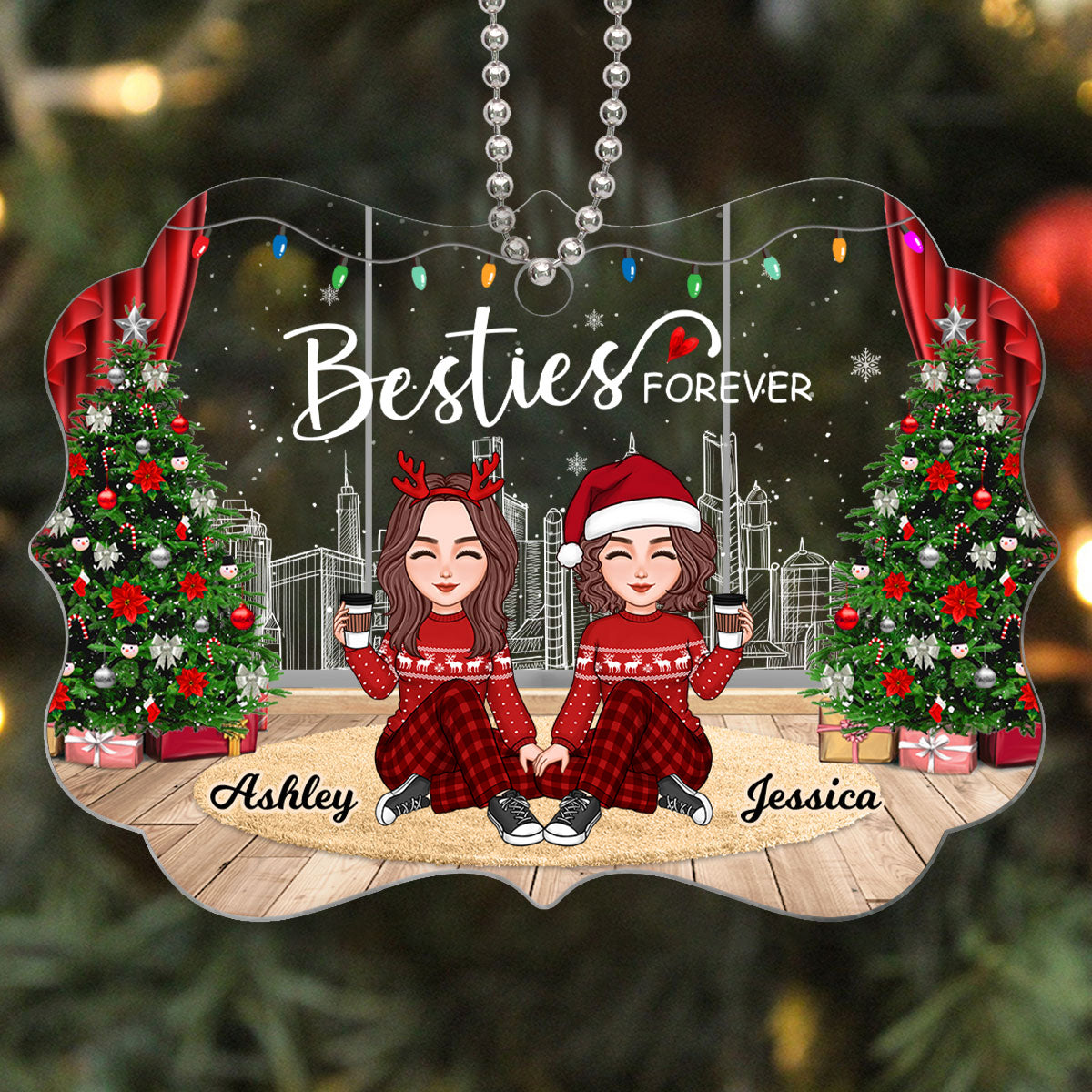 Cute Besties Sisters Christmas Window City Skyline Personalized Acrylic Ornament