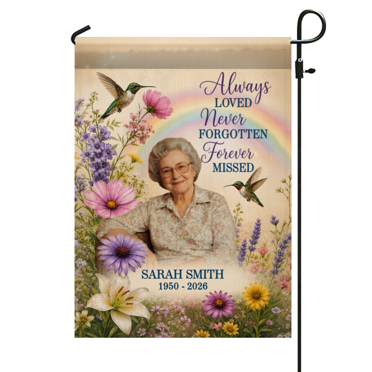 Always Loved Hummingbird Memorial - Personalized Garden Flag - Memorial Sympathy Gift Remembrance Keepsake Photo Inserted