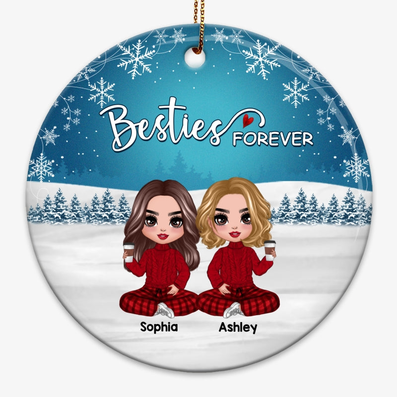 Doll Besties Sisters Checkered Pants Snow Blue Background Personalized Circle Ornament