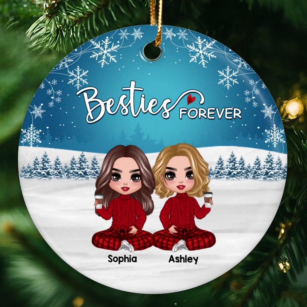 Doll Besties Sisters Checkered Pants Snow Blue Background Personalized Circle Ornament
