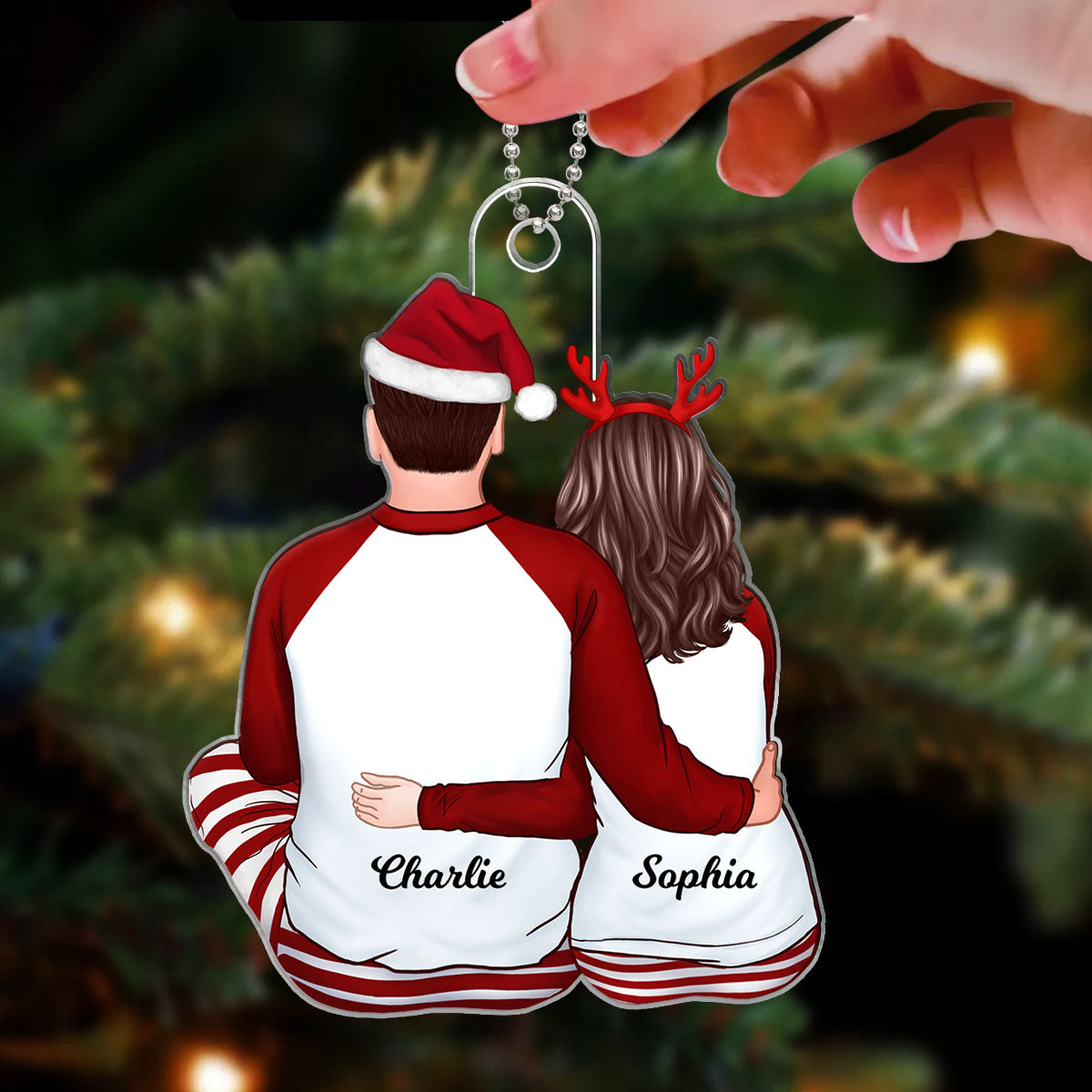 Back View Couple Hugging Sitting Christmas Gift For Him For Her Personalized Acrylic Ornament