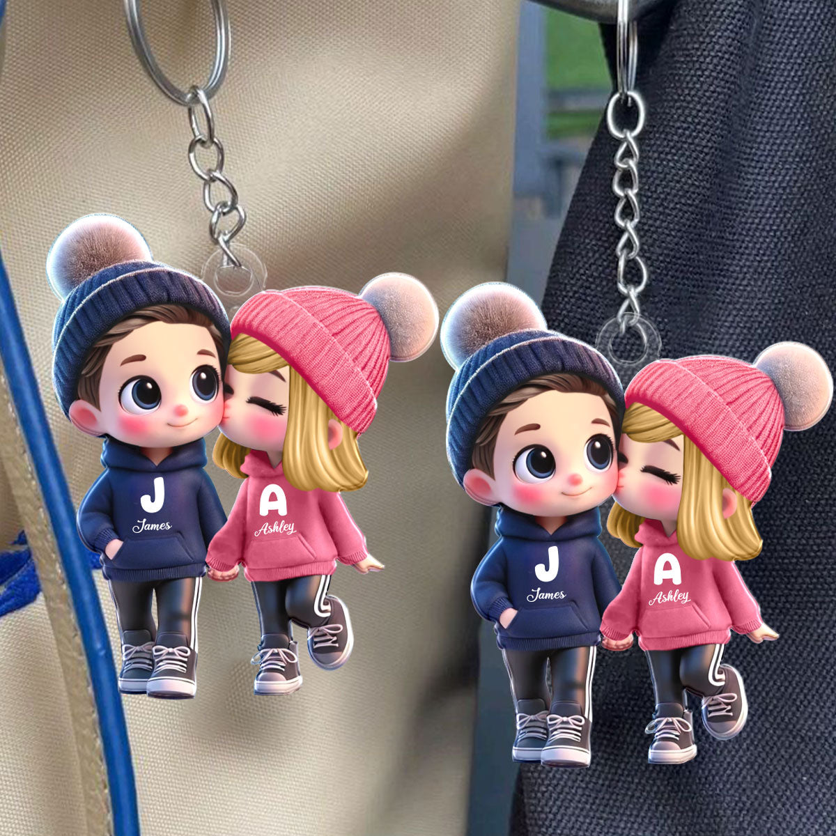 3D Effect Cute Cartoon Couple Walking - Personalized Acrylic Keychain - Unique Valentine's Day Gift For Him, Gift For Her