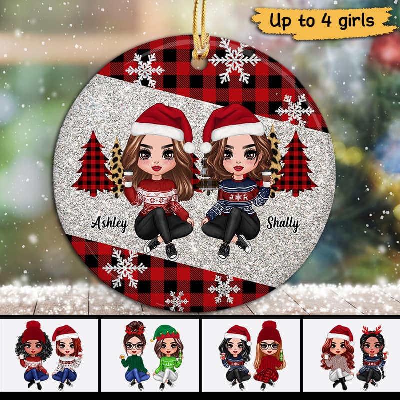Checkered Pattern Snowflake Doll Sisters Besties Personalized Circle Ornament