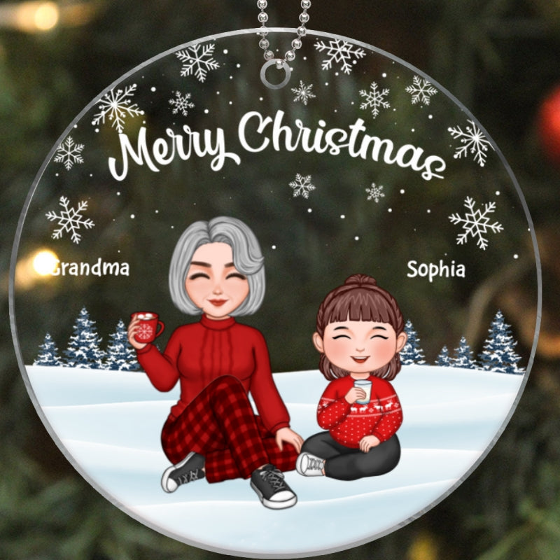 Cute Grandma & Grandkids Sitting In Snow Personalized Acrylic Ornament