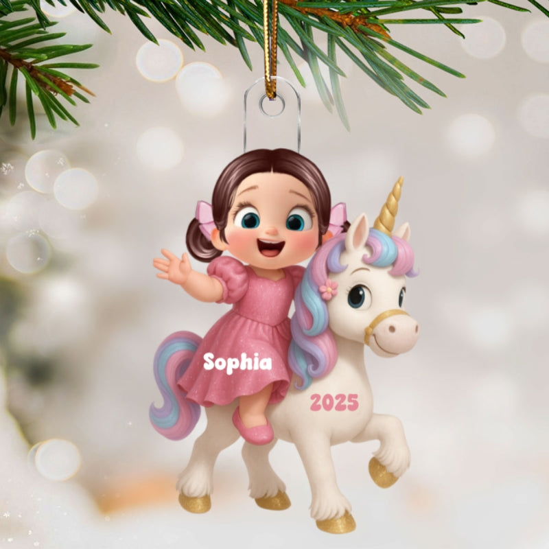 3D Effect Cute Cartoon Kid With Unicorn Christmas Personalized Flat Acrylic Ornament, Fun & Beautiful Gift For Kids, Grandkids
