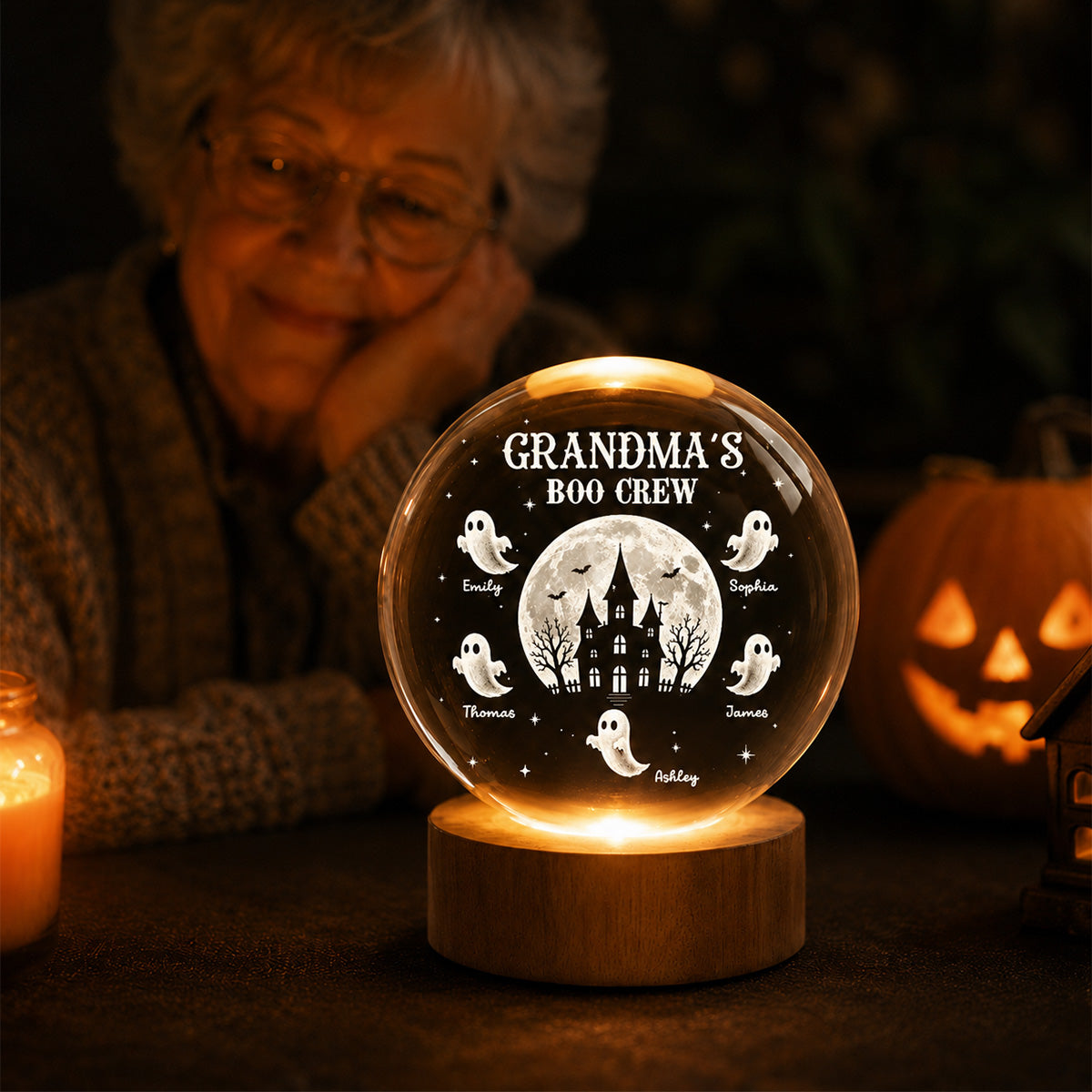 Grandma Boo Crew - Personalized Crystal Ball Night Light - Halloween Gift, Halloween Decoration
