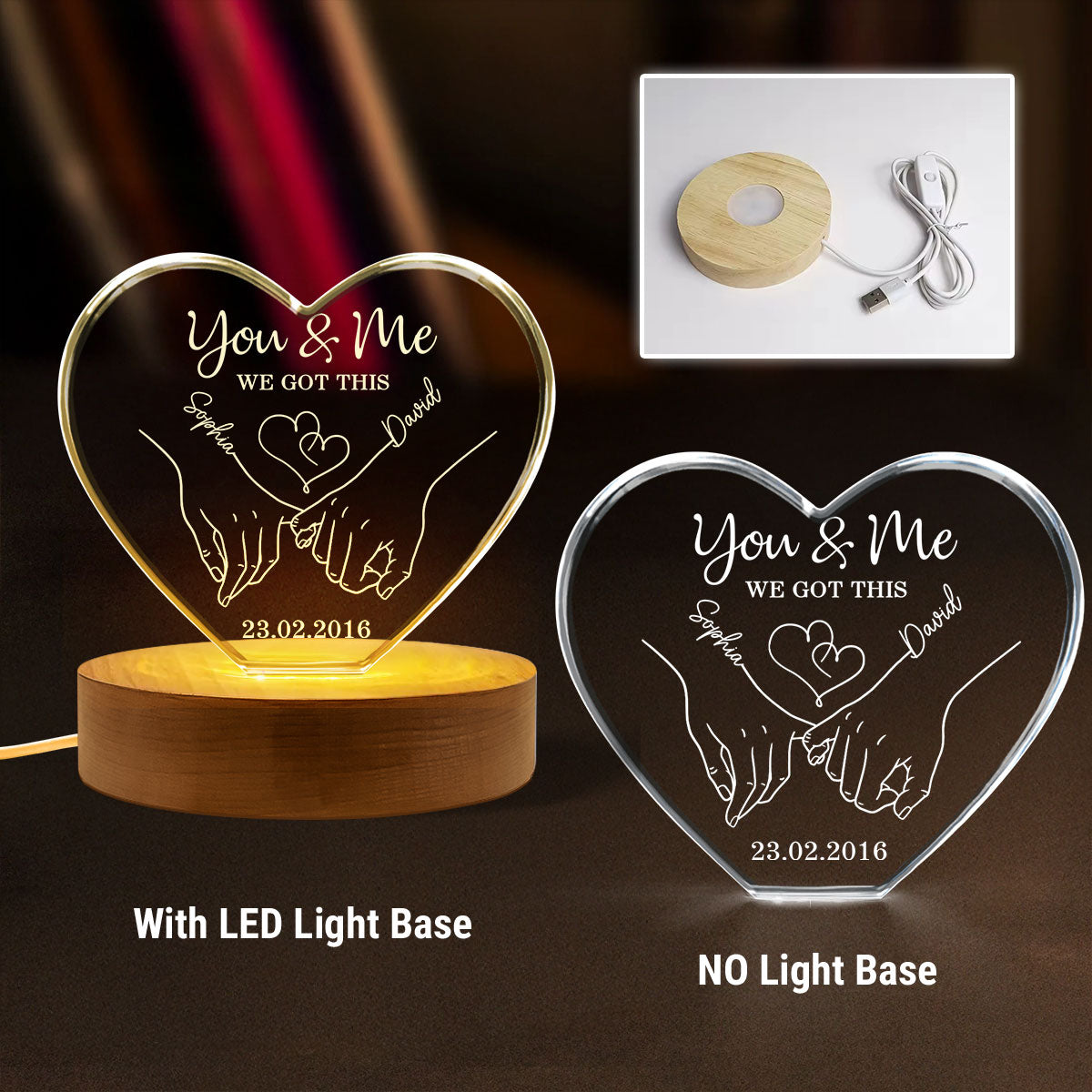 Couple Holding Hands Outline Personalized Premium Crystal Heart LED, Valentines Day Gift, Anniversary Gift for Him, for Her