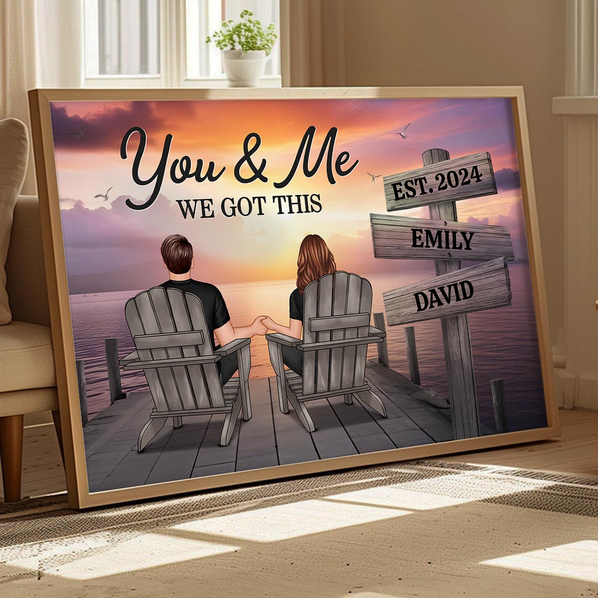 Lake Dock Couple Sitting Holding Hands Sign Posts Personalized Poster, Home Decoration, Gift For Her, For Him