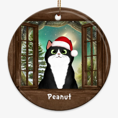 Cat Peeking On Window Christmas Personalized Circle Ornament