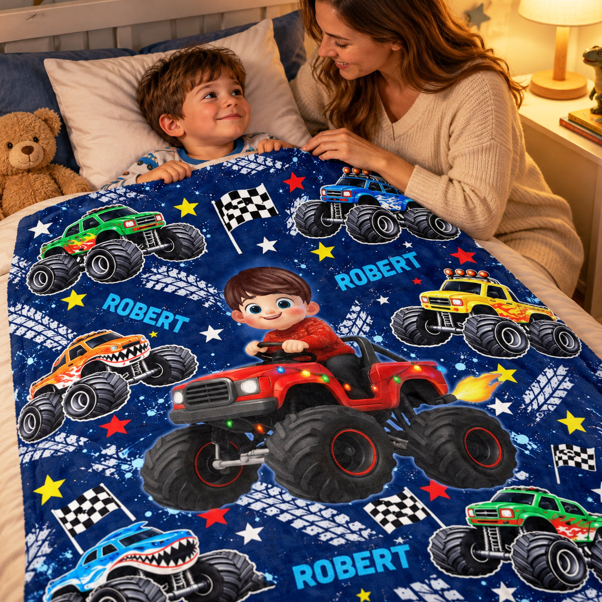 Kid Driving Monster Truck - Personalized Fleece Blanket - Gift For Kid Who Loves Monster Truck, Toddler Blanket for Boys