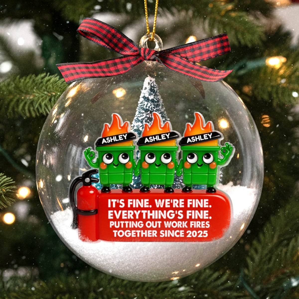 Work Besties Dumpster Fire - Personalized Snow Globe Ornament - Funny Gift For Colleagues
