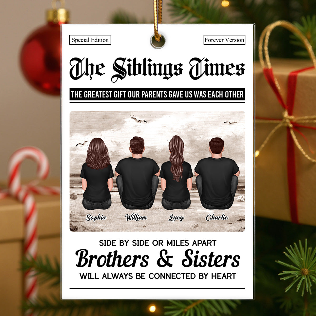 The Siblings Times Newspaper Style - Personalized Acrylic Ornament - Christmas Keepsake Gift For Brothers, Sisters