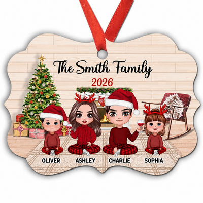 Doll Styles Family Dad Mom Kids Sitting In House Personalized Christmas Ornament