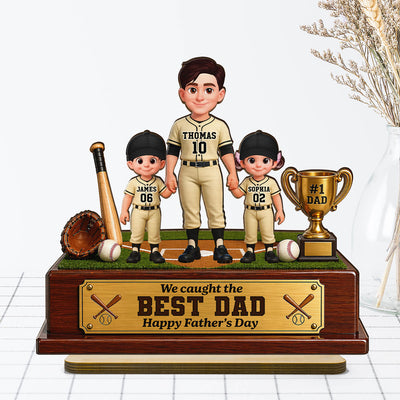 Baseball We Caught The Best Dad - Personalized 2-Layered Wooden Plaque - Father's Day Gift For Dad
