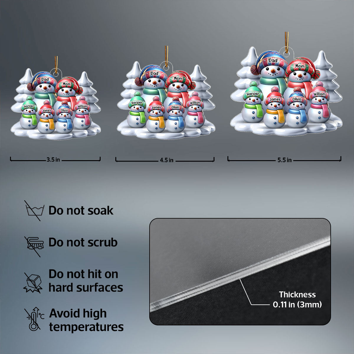 3D Effect Winter Snowmen Happy Family Dad Mom Grandpa Grandma With Kids Personalized Acrylic Ornament