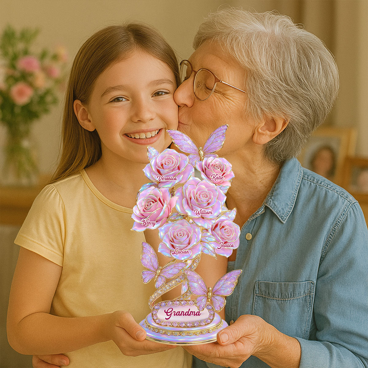 Beautiful Roses With Kids Names Pearl & Stone Effect Personalized Flat Acrylic Block Plaque