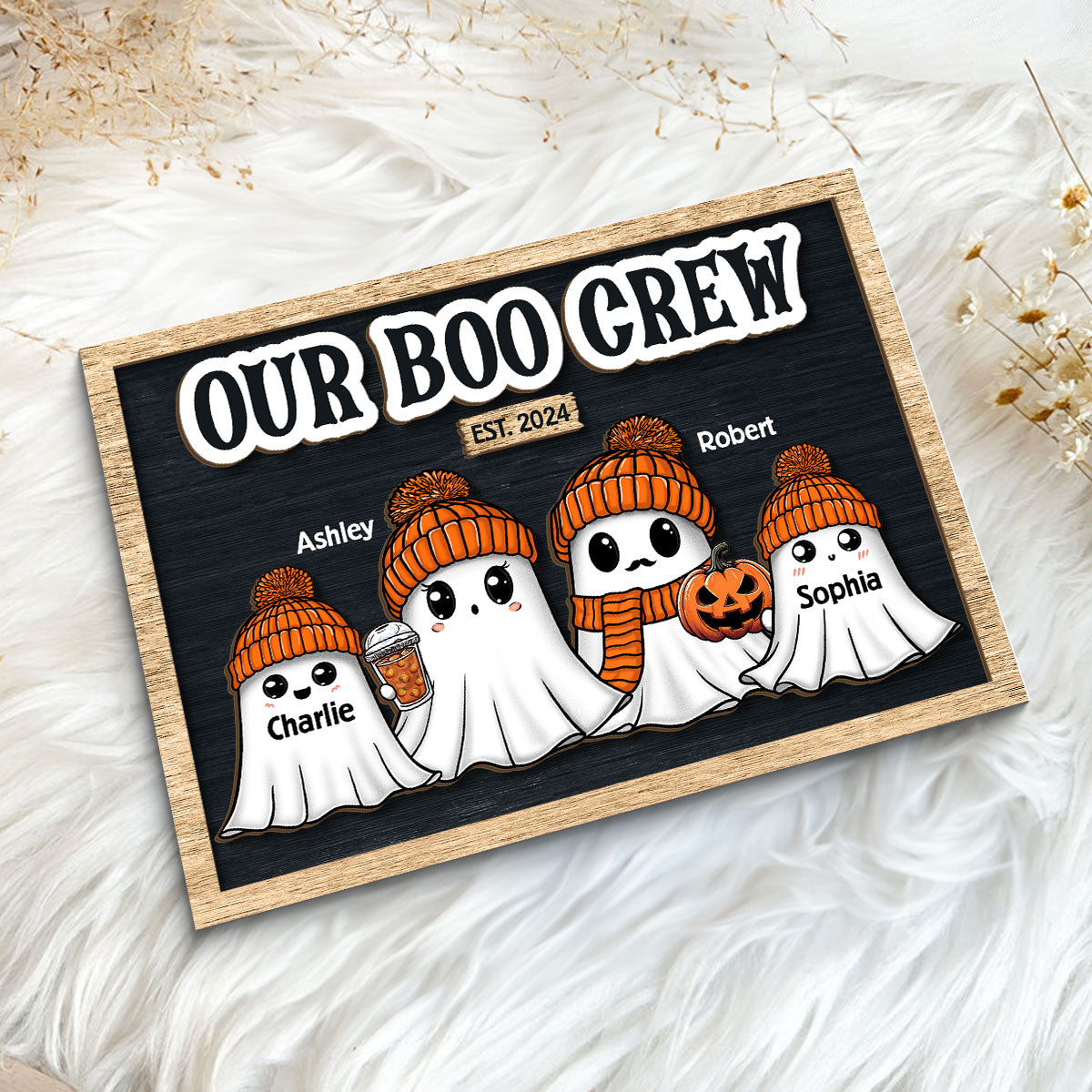 Family Our Boo Crew Fall Season Halloween Personalized 2-Layer Wooden Plaque, Halloween Decoration, Tabletop Tier Tray Decor