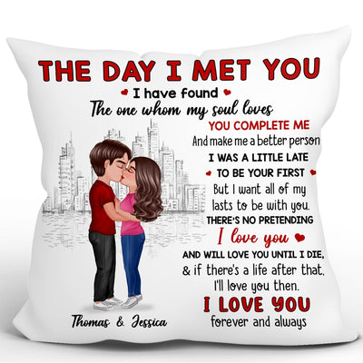 Doll Couple Kissing Skyline The Day I Met You Gift For Him For Her Personalized Pillow