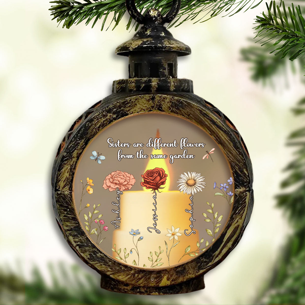 Sisters Are Different Flowers From The Same Garden Personalized Lantern Ornament, Christmas Gift For Sisters, Siblings, Besties