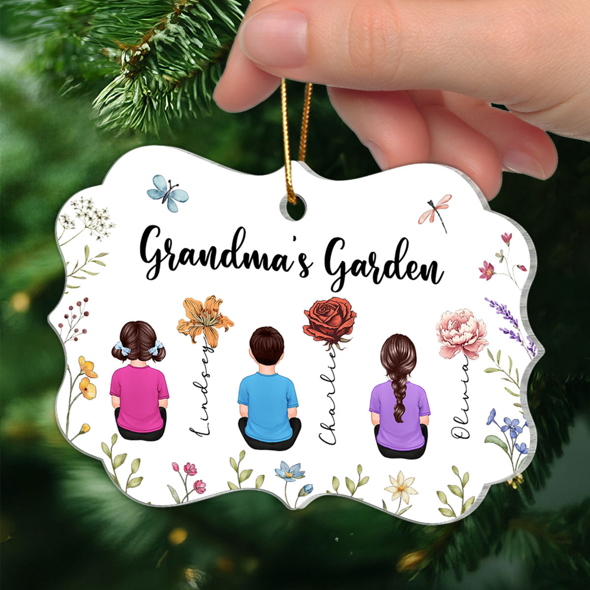 Grandkids Sitting Grandma Garden Vintage Birth Month Flowers Personalized Acrylic Ornament, Christmas Gift For Grandma