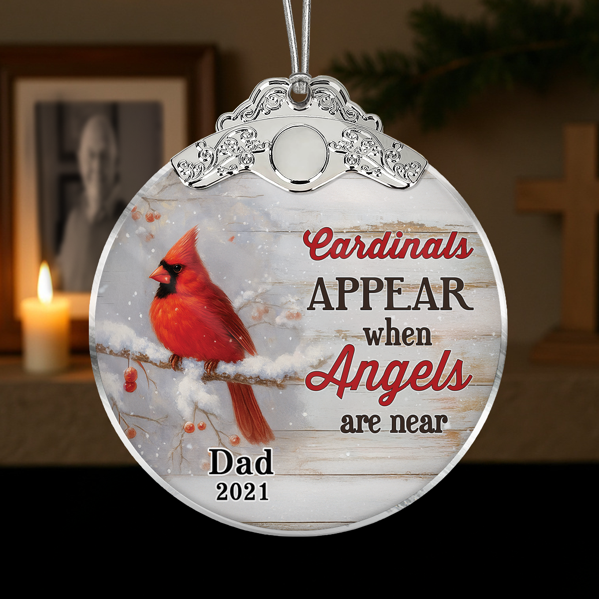 We're Always With You Cardinals In Snow - Personalized Glass Ornament With Silver Cap - Christmas Memorial Keepsake For Family