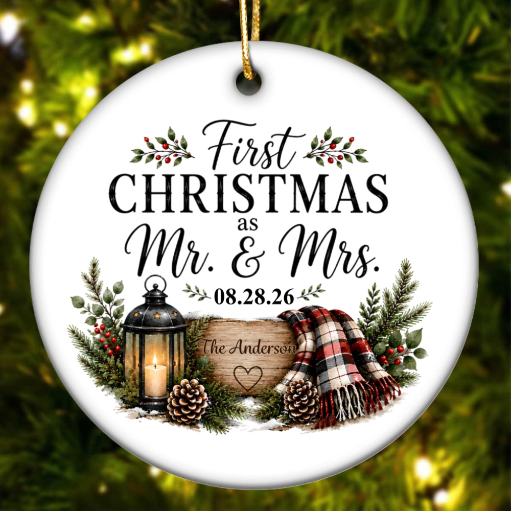 First Christmas as Mr & Mrs - Personalized Ceramic Ornament - Newlywed Rustic Gift, Heartfelt Christmas Keepsake