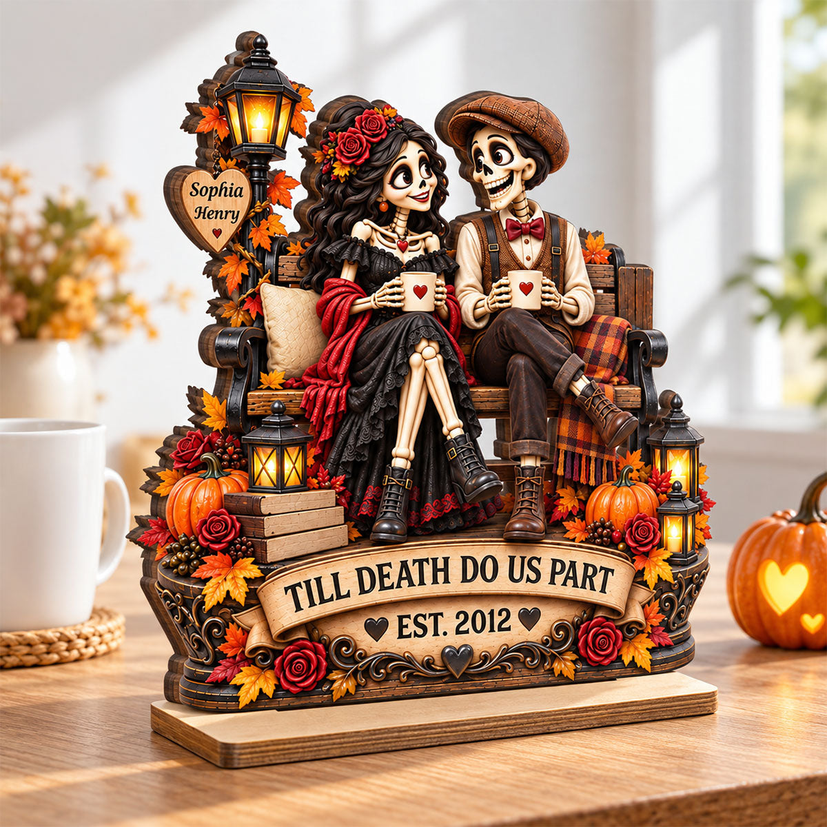 Till Death Do Us Part Fall Halloween Skeleton Couple - Personalized 2-Layered Wooden Plaque - Gift for Him, Gift for Her