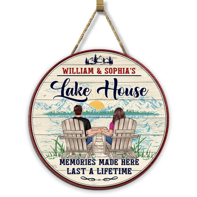 Memories Made Lake House Couple Sitting Personalized Wood Sign